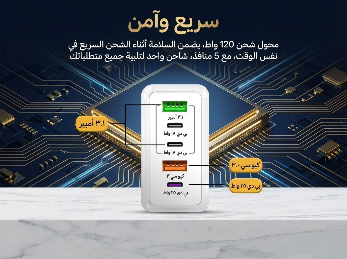 رأس شاحن فائق السرعة 120 واط – أداء قوي وأمان متقدم لجميع الهواتف والأجهزة 🔥